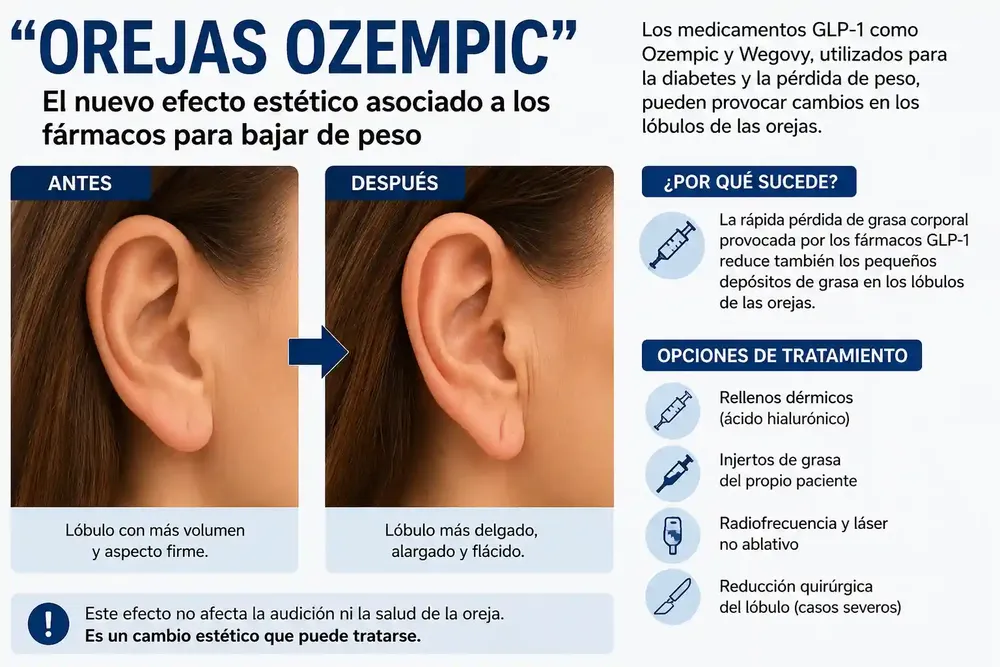 El uso de medicamentos GLP-1 para el tratamiento de la diabetes y la pérdida de peso ha provocado un nuevo fenómeno conocido como 'orejas Ozempic', advierten especialistas en medicina estética.