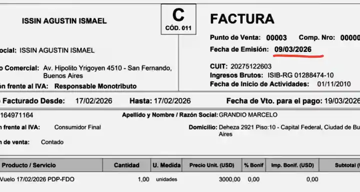 Factura Issin La factura del 9 de marzo. (Imagen Web)